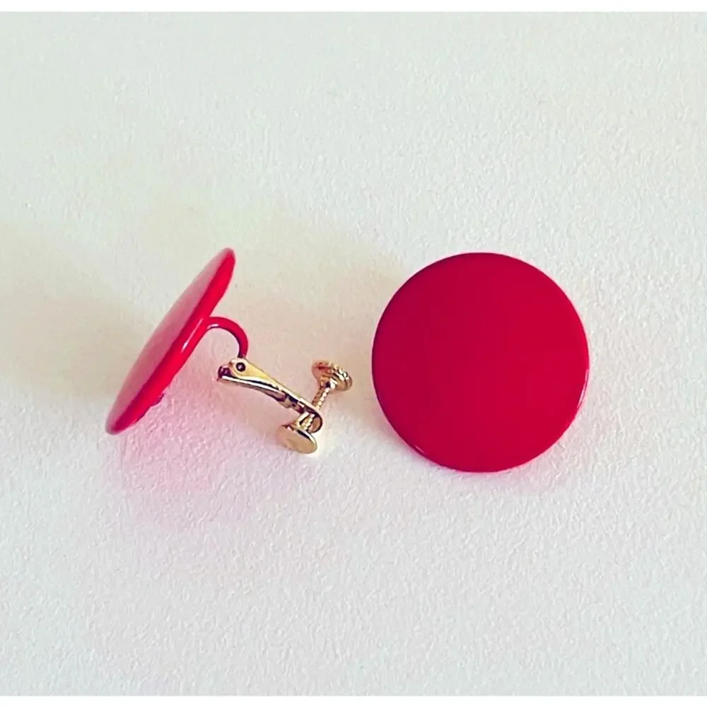 Vtg Red Mid-Century Modern Round Disc Screw-back Clip-on Earrings Dot Geometric